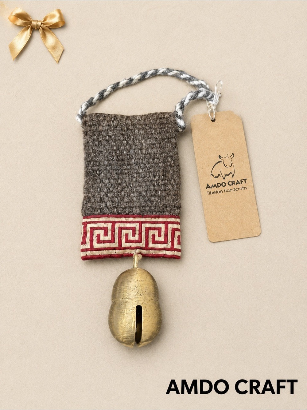 AmdoCraft Tibetan Yak Wool Bell Ornament Hand-Woven Red Trim